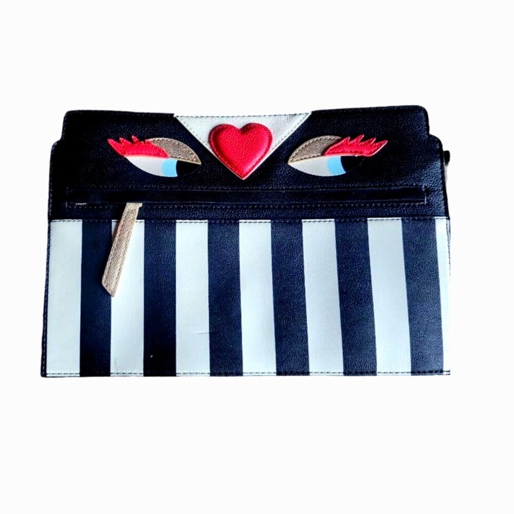 Betsey Johnson Vintage Halloween Clutch Black White Stripe Watching Eyes Heart